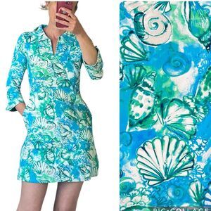 Banana Boat UPF 50+ polo dress 3/4 sleeves blue aqua color seashells size Small